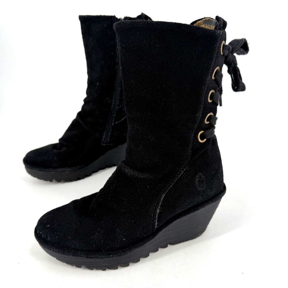 Fly London Yada Wedge Boots Women 37 Black Suede Lace Up Back Whimsigoth Grunge